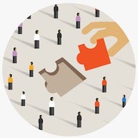 Image shows an illustration where a hand holds a puzzle piece over multiple small people standing below