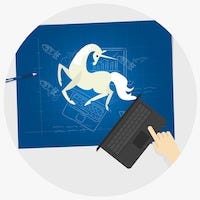 Image shows the illustration of a unicorn on a blue background with a keyboard at the bottom.