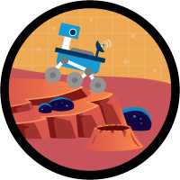 The MarsXP project badge. A rover driving over a red rock on the red planet of Mars.