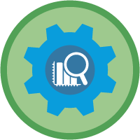 SOQL for Admins Trailhead badge. Green background with a blue cog, white bar graph and magnifying glass.