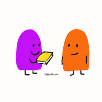 Two blobs, one giving the other a book. They are both happy!