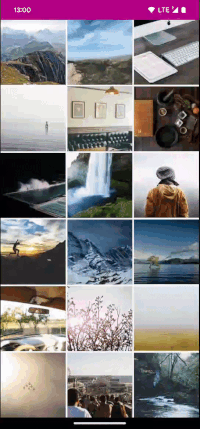 A screencast of an app with a vertical grid of 3 columns, each item displaying a random image. The user long-presses one image to select it, and continues to drag down and up to multiselect more images and scroll the grid while doing so.