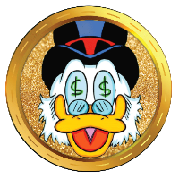 RichQuack, a coin with literally a duck in the middle of a golden coin. The eyes of the duck has money symbols and is smiling with a hat on.