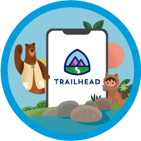 Trailhead GO quest badge. Codey and Astro alongside a mobile phone displaying the Trailhead logo.