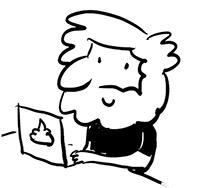 Black and white cartoon of Pablo Stanley with a laptop.