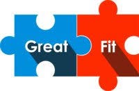 Two puzzle pieces connecting. One is blue and reads “Great” and the other is red and reads “Fit”.