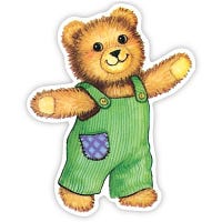 Corduroy the bear wearing green corduroy overalls with a blue patched pocket sewn onto them.