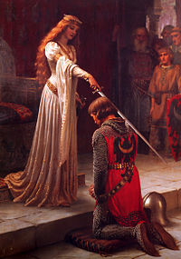 pintura mostrando uma mulher loira nomeando um homem cavaleiro ao pôr uma espada no seu ombro.