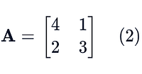 The eigenvalues of A written as diagonal matrix Λ. The first eigenvalue is the corresponding eigenvalue to the first eigenvector in X. The second eigenvalue corresponds to the second eigenvector in X.