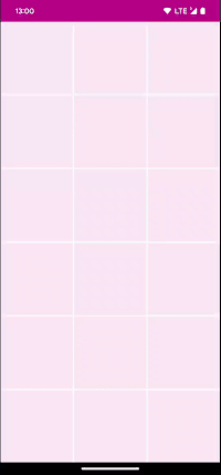 A screencast of an app with a 3-column grid of pink boxes, where the user scrolls through this grid.