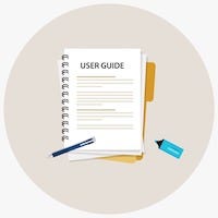 Image shows an illustration of an open notebook book with the title user guide on it. There is a pen placed on top of the book.