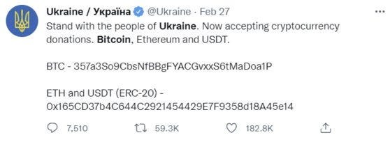 The Ukrainian X account sharing a crypto address to receive donations.