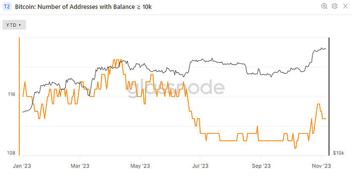 Number of Bitcoin wallets holding 10K or more(Glassnode)