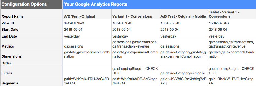 Example of Google Add-ons Report Configuration tab