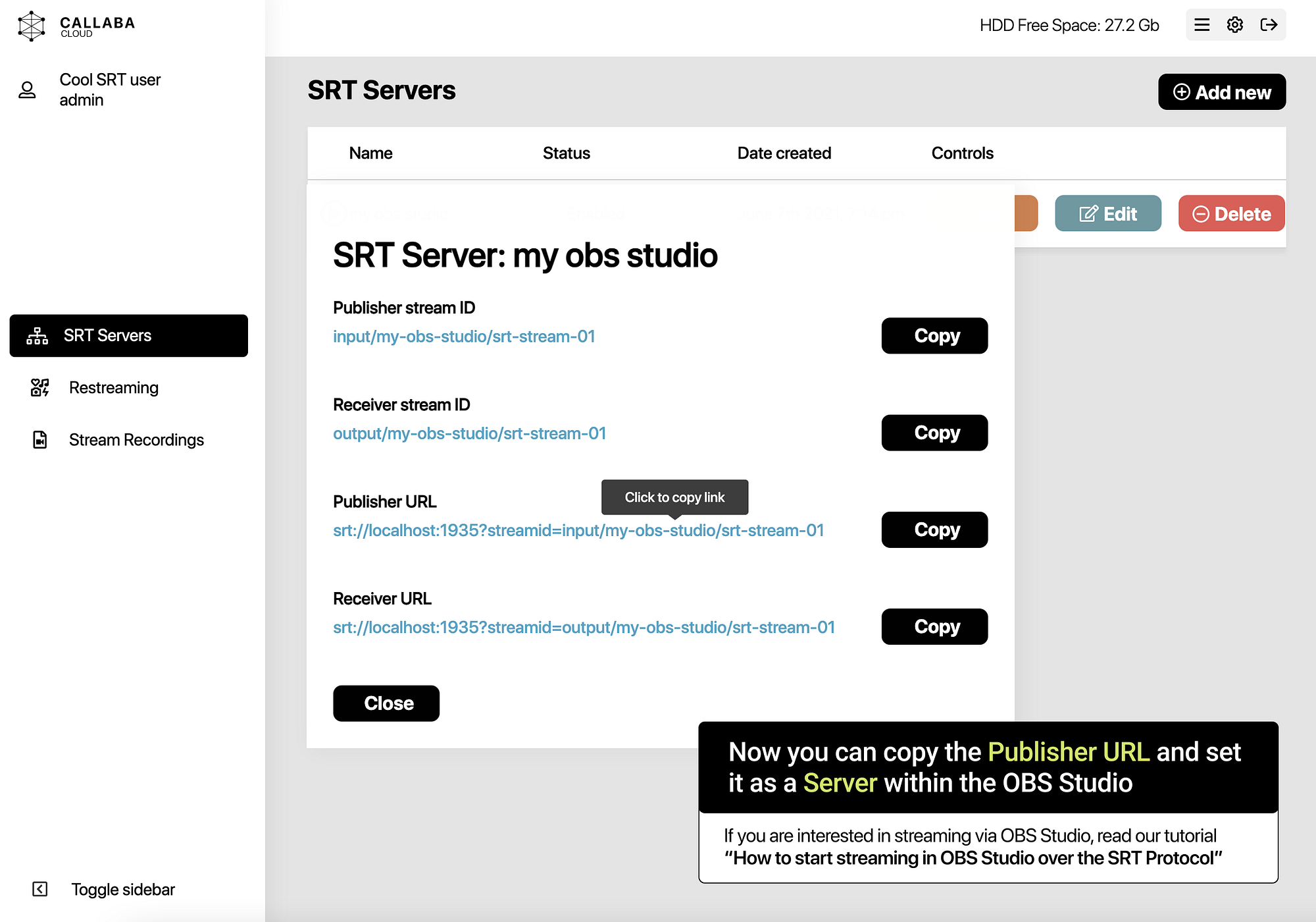 Copy the Callaba publisher URL for OBS multistreaming