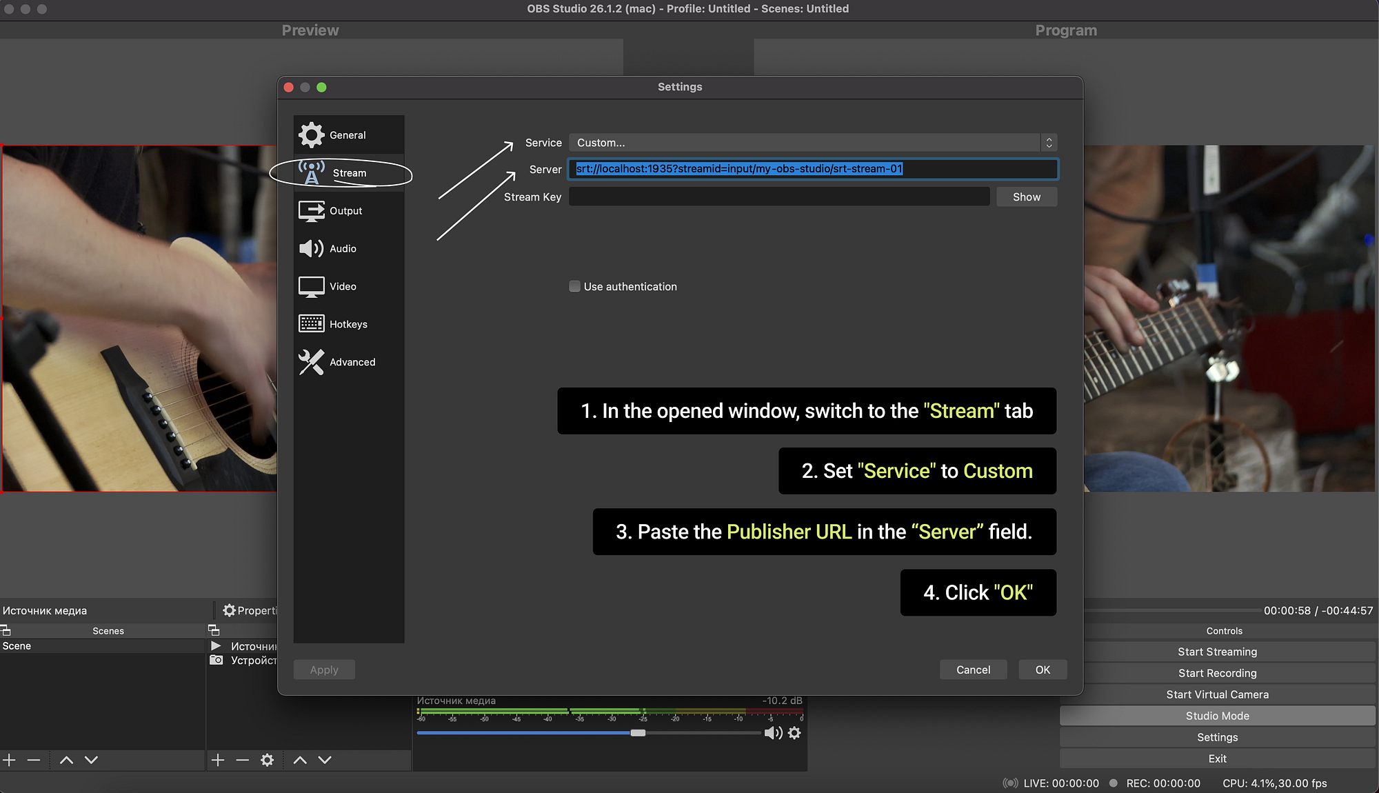 Set OBS custom stream server for one upstream multistream feed