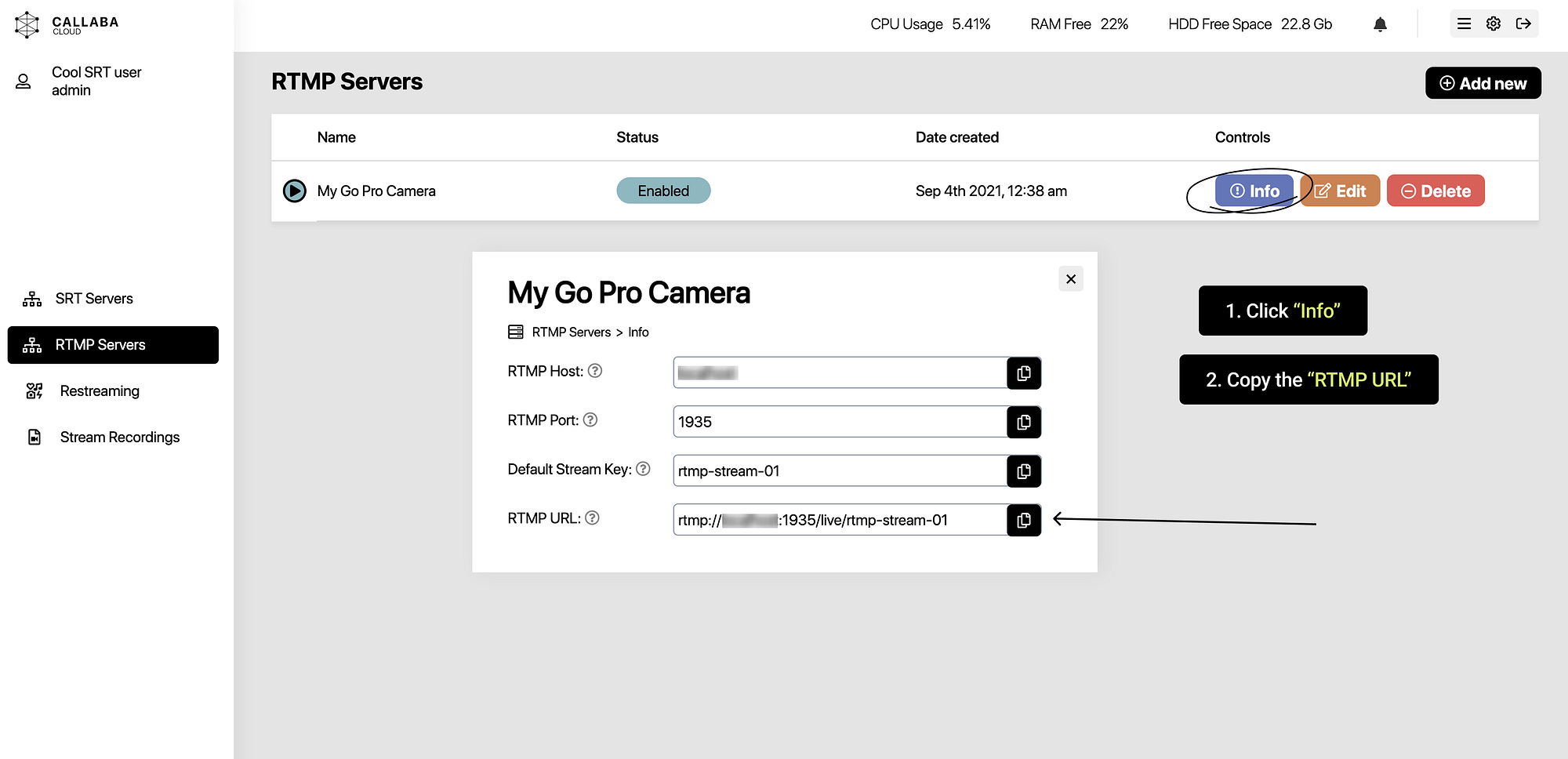 Copy RTMP URL from Callaba for GoPro stream