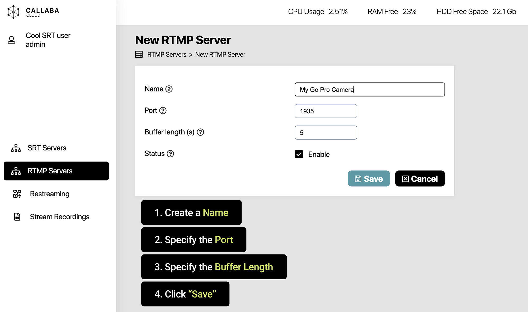 Create RTMP server in Callaba for GoPro live stream
