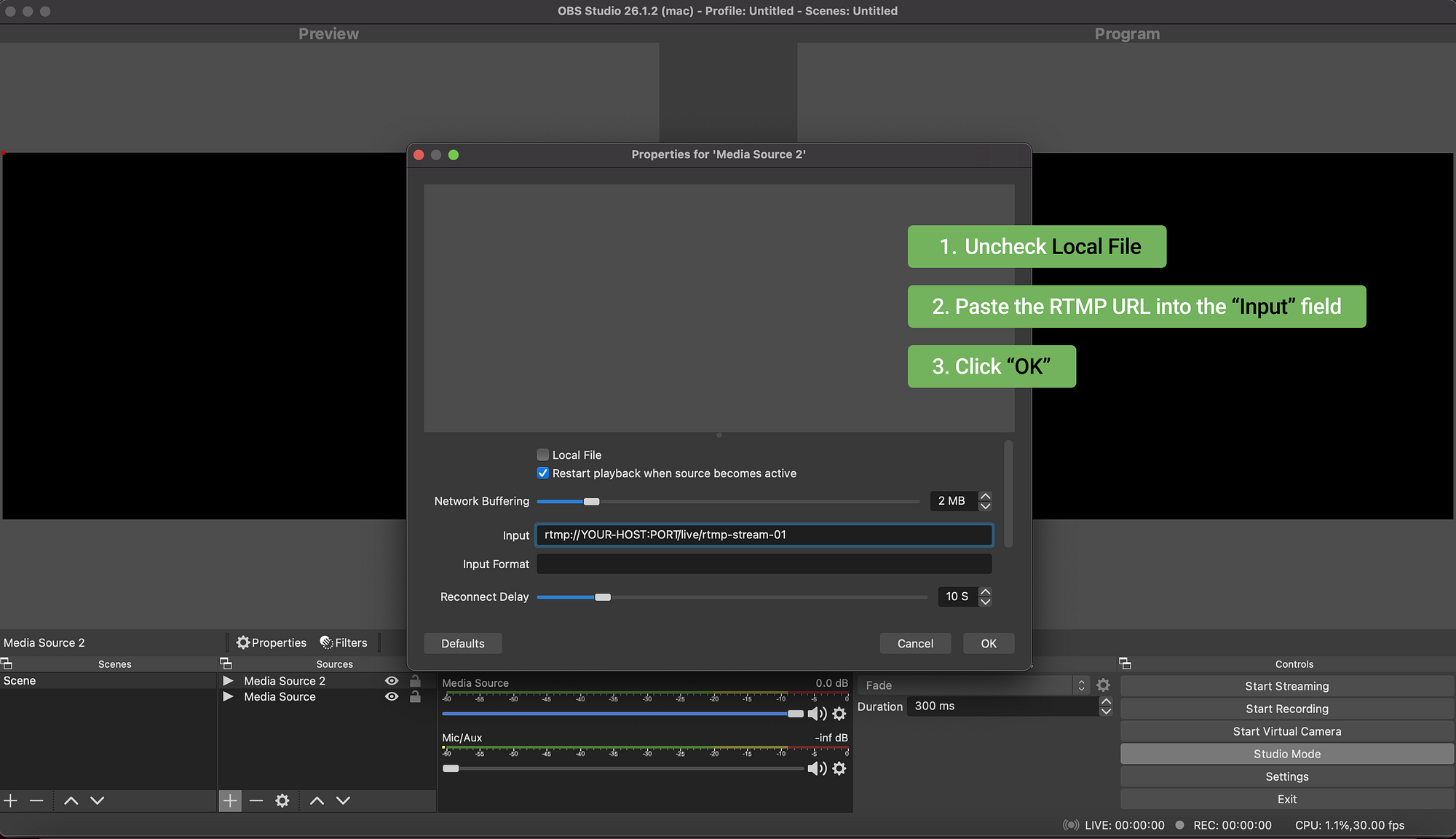 Paste GoPro RTMP URL into OBS Media Source input