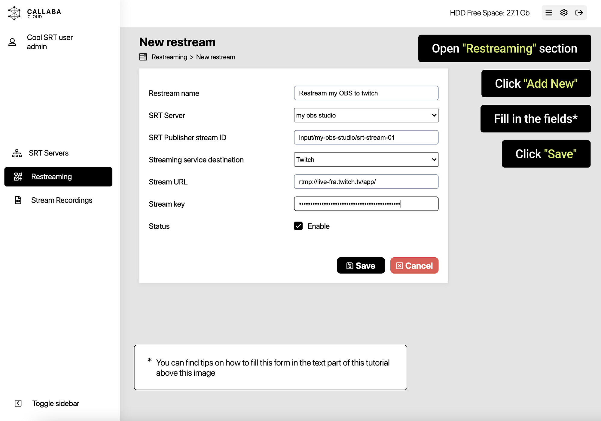Create a Twitch restream destination in Callaba for OBS multistreaming