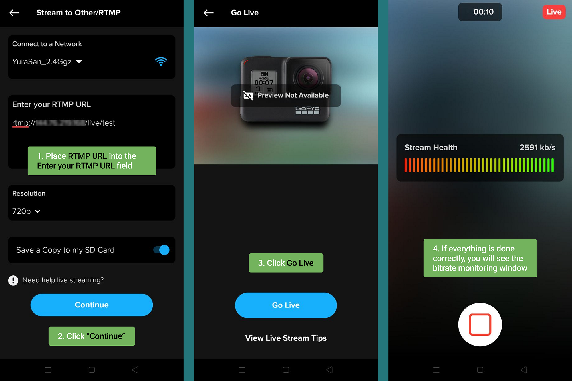 Paste Callaba RTMP URL into GoPro Quik and start streaming