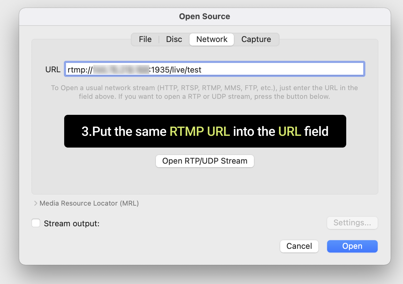 Paste GoPro RTMP URL into VLC network stream field