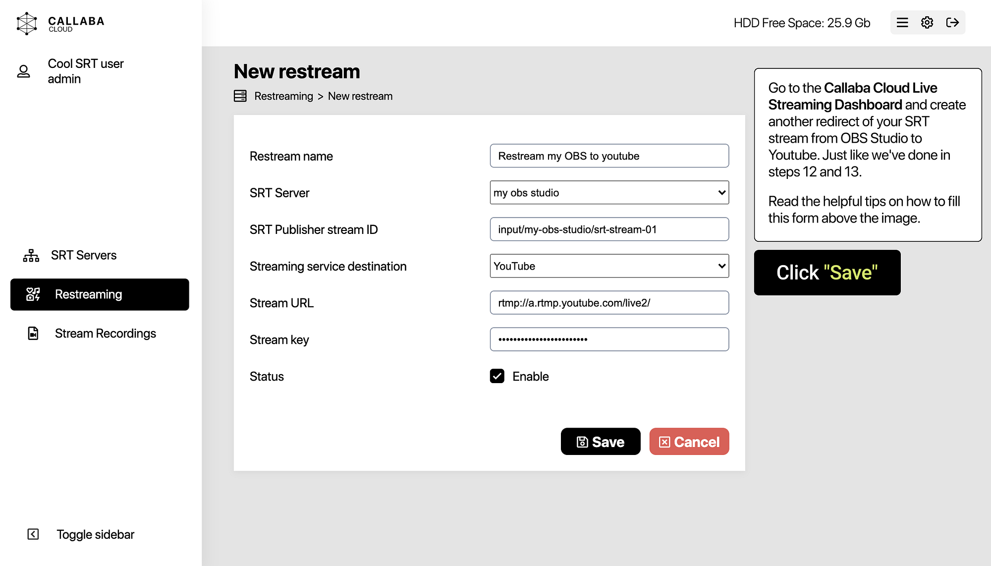 Create a YouTube restream destination in Callaba for OBS multistreaming