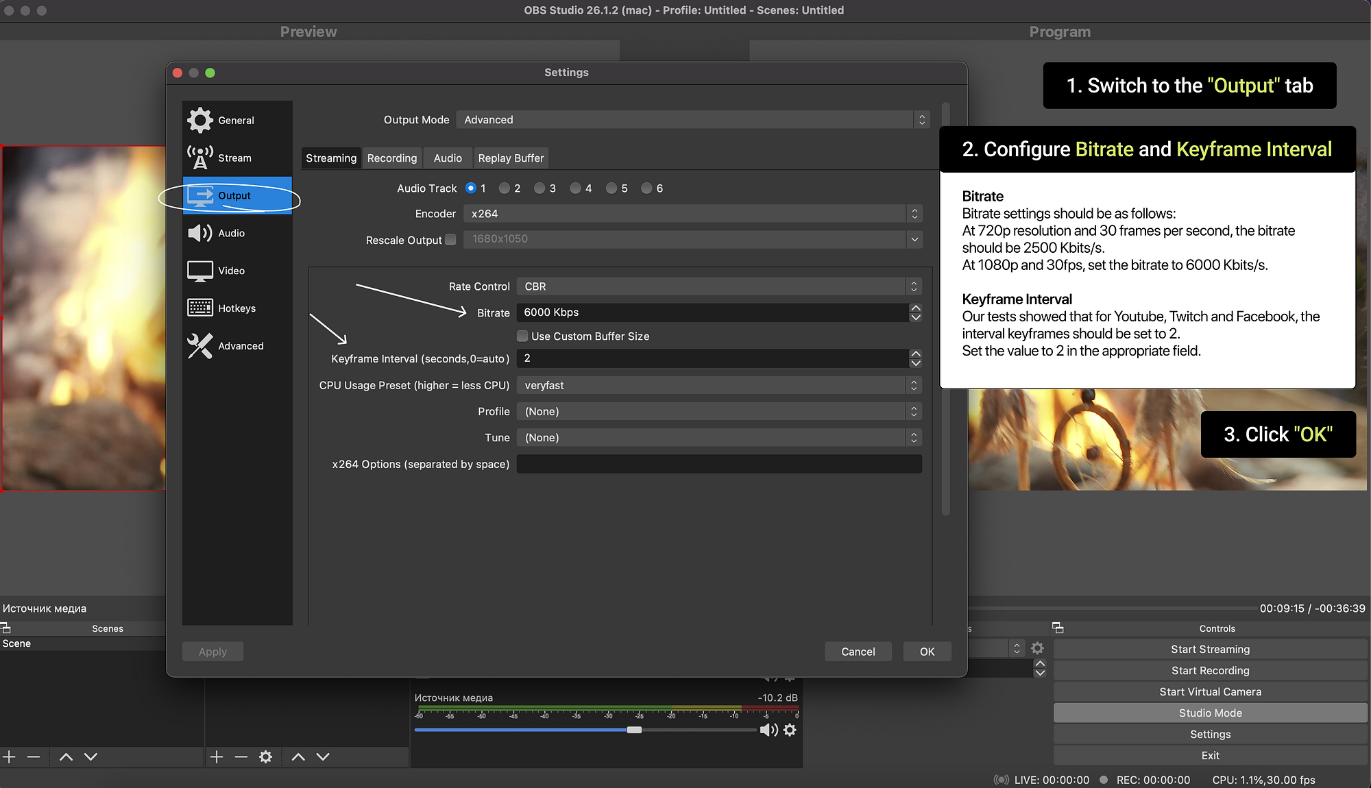 Set OBS bitrate and keyframe interval before streaming to multiple platforms