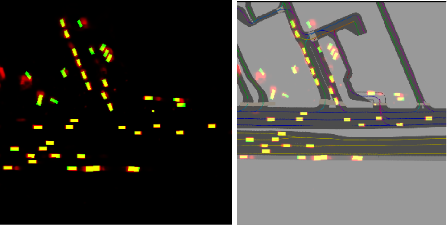 Predictions on BEV (left) and map mask (right)