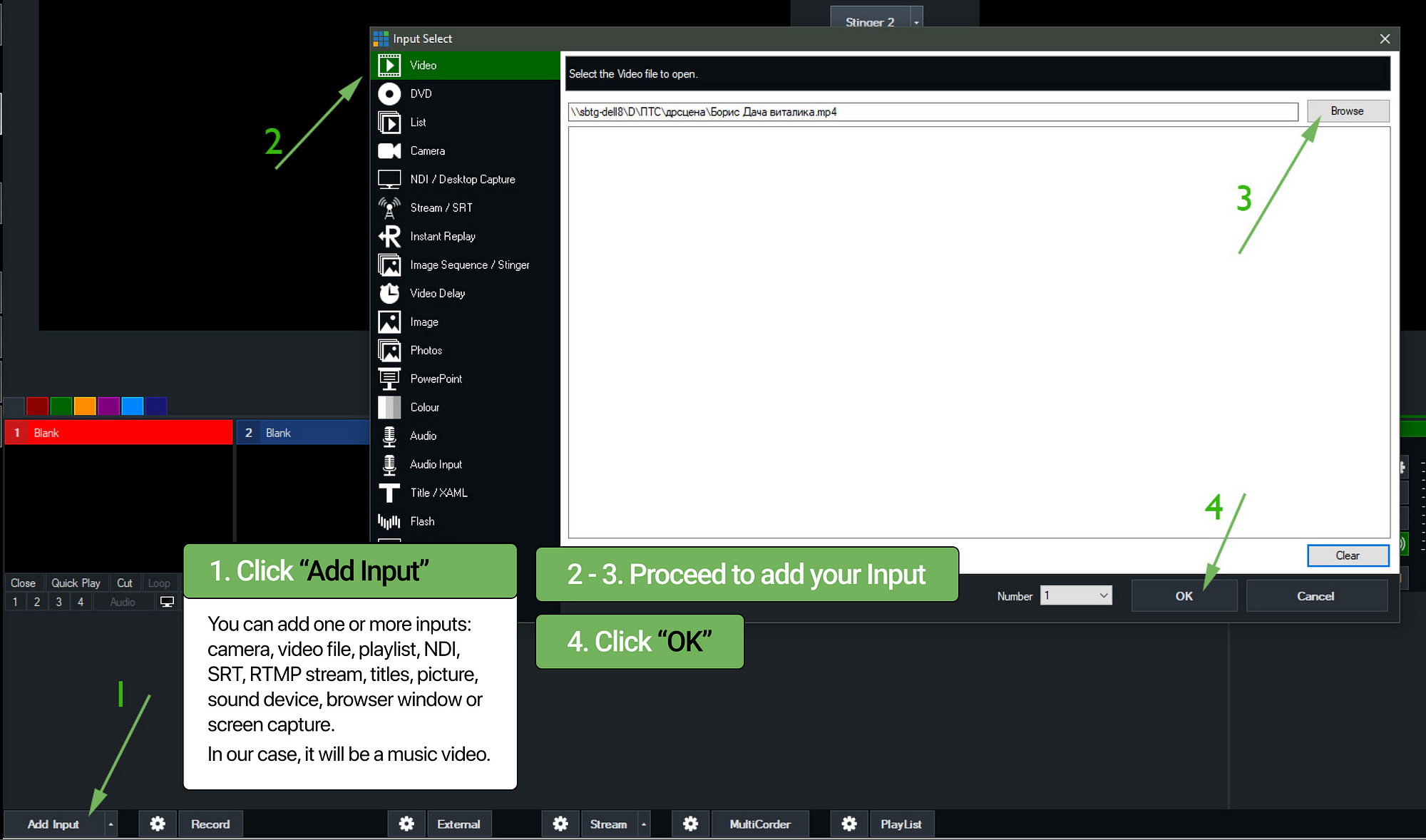 Image : screenshot of Vmix software showing how to add input
