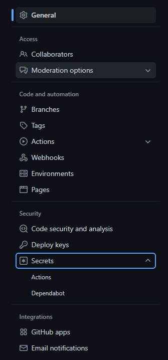 Part of the menu when visiting the **Settings** of a GitHub repository. We need to activate **Secrets > Actions**.