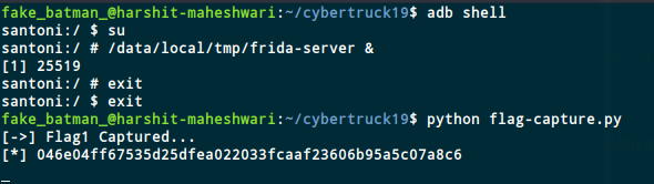 First we run frida-server on the android device. Then we use the flag-capture.py, to capture the dynamic flag