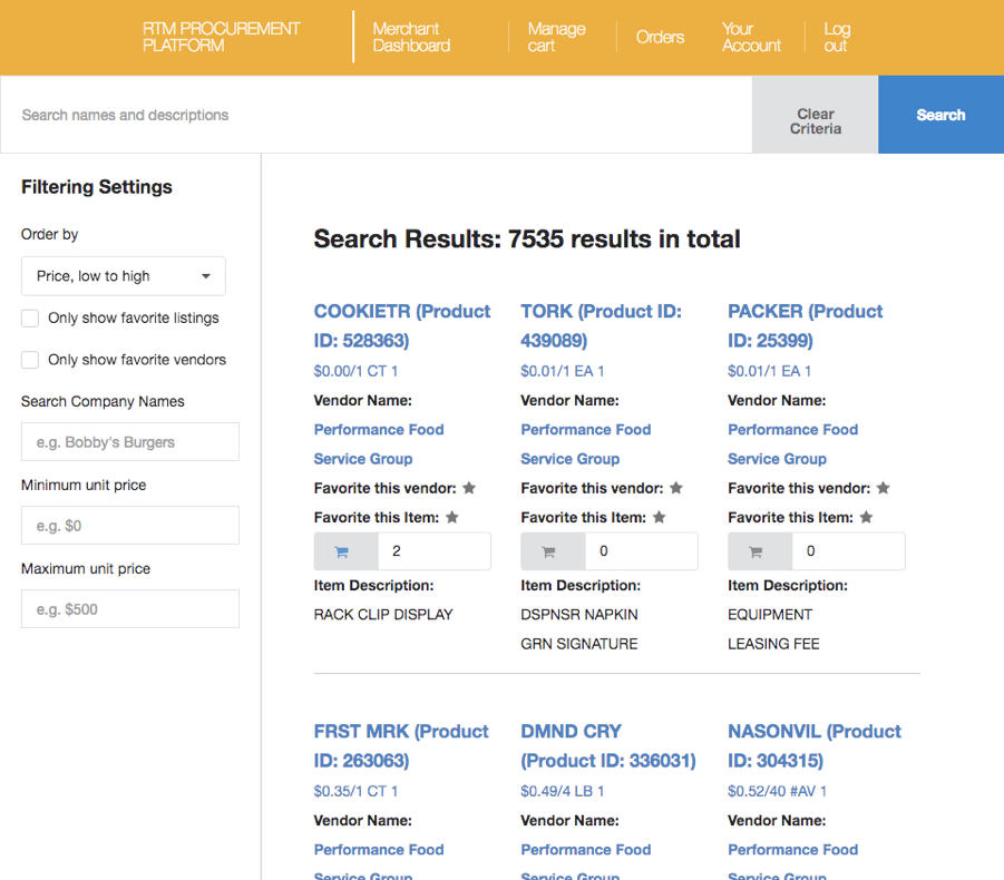 A search screen for the Reading Terminal Market procurement platform.