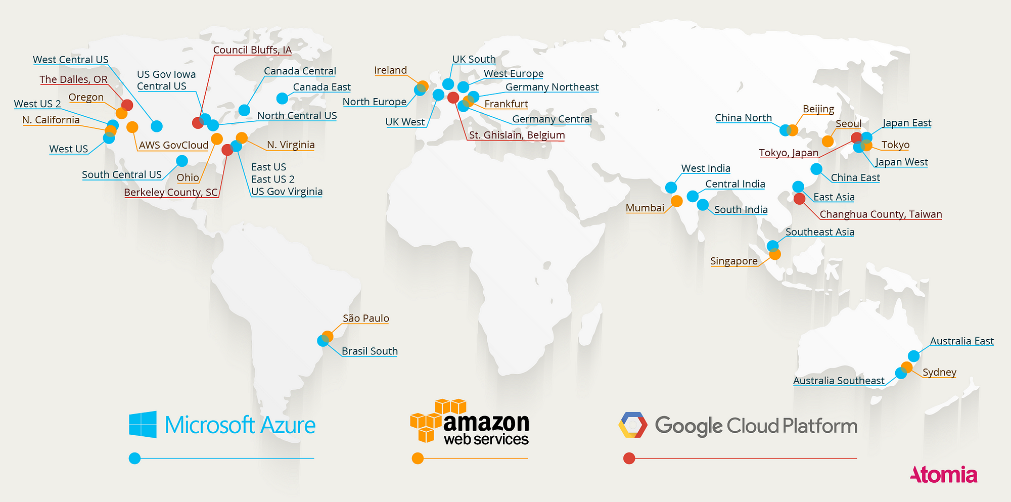 Comparing the geographical coverage of AWS, Azure and Google Cloud