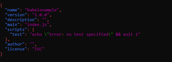执行 npm init 命令后的 package.json 文件截图