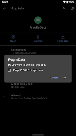 User prompt when uninstalling an app with hasFragileUserData attribute set