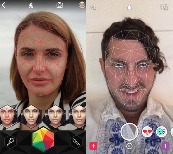 Looksery 的面部識別技術，右圖是Snapchat中看起來完全一樣的技術