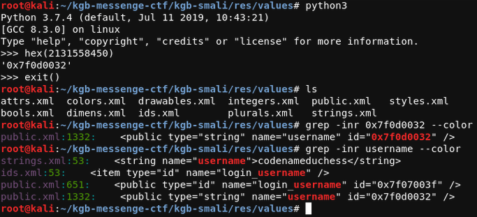 Finding the username value by using id which is found using hex code of 2131158450