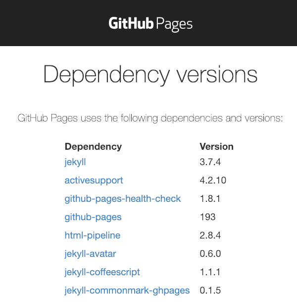 GitHub Pages Gem Dependency Versions