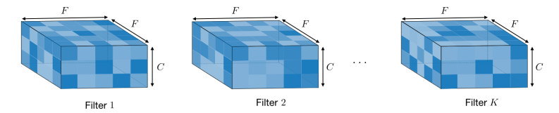 Actual Representation of a Filter in a CNN, C = No. of channels and F = Kernel Size, defined by us. : Images Source — Google