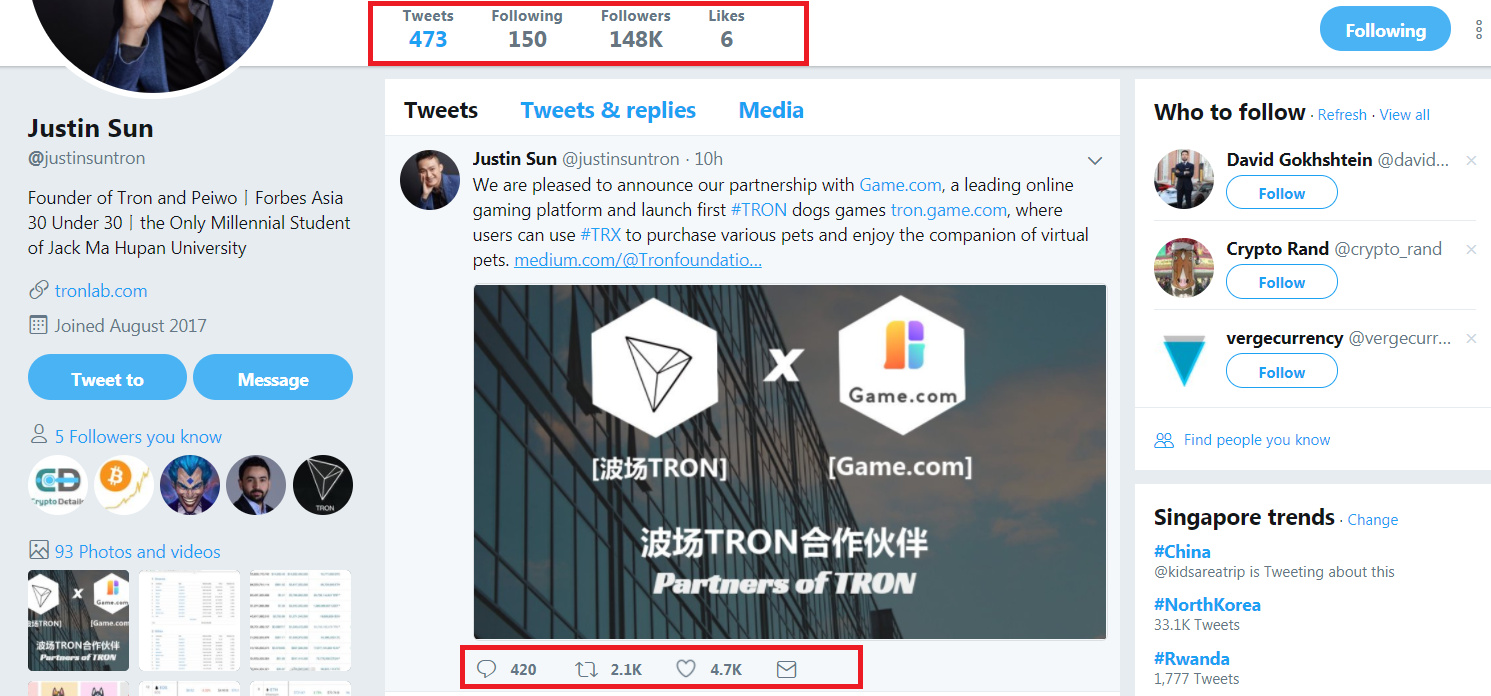 Pet Planet-148k Followers on Justin Sun (Tron Founder Account) with 2.1k retweet and 428 comments.