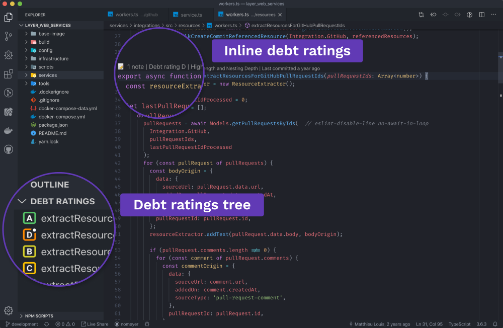 Preview of what tech debt tracker looks like in the code. Image from [Tech Debt Tracker](https://marketplace.visualstudio.com/items?itemName=Stepsize.tech-debt-tracker).