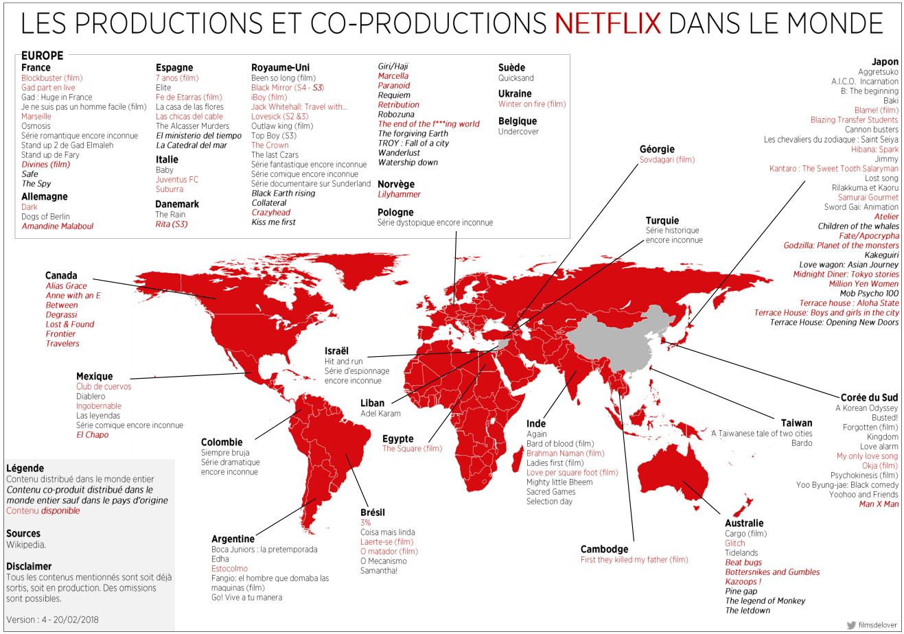 La carte des productions et co-productions de Netflix dans le monde.