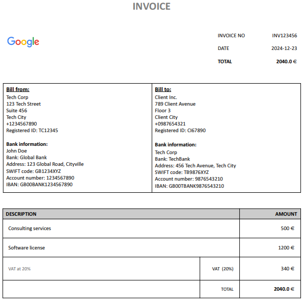 With Vat information provided