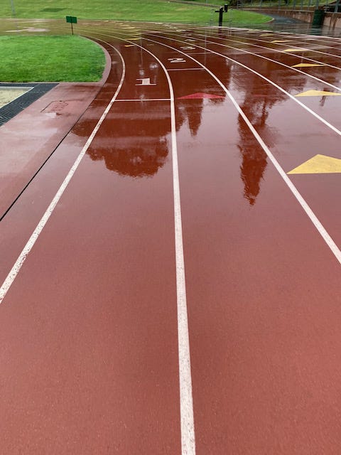 A rainy morning track workout at Kezar Stadium in San Francisco. Photo taken by author