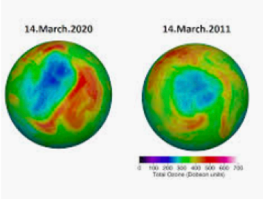 A comparison of the two largest ozone layer holes over the Arctic.