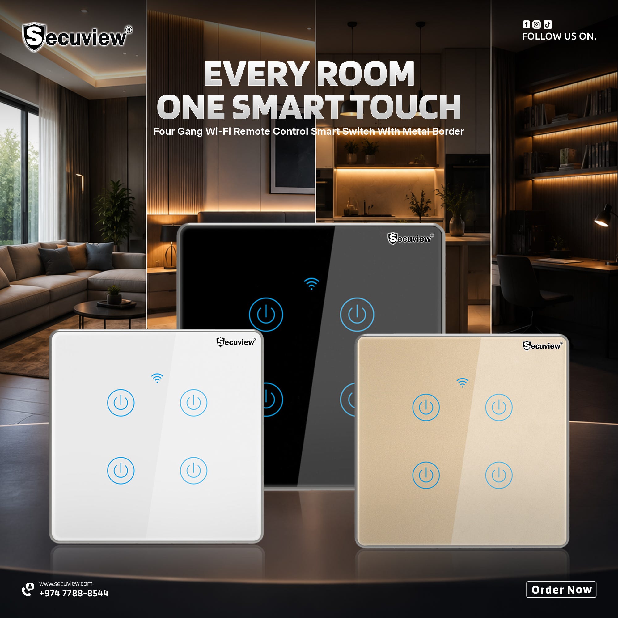 Secuview Four-Gang Wi-Fi Remote Control Smart Switch With Metal Border: Smarter Home Control at…