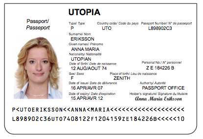 A Passport, a standard ICAO Doc 9303 TD3 document.