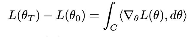 The change in loss from θ0 to θT may be calculated by integrating the dot product of the loss gradient and parameter motion along a path from θ0 to θT.