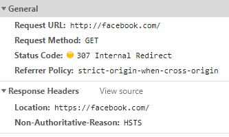 The browser knows to use HTTPS only, and redirects accordingly